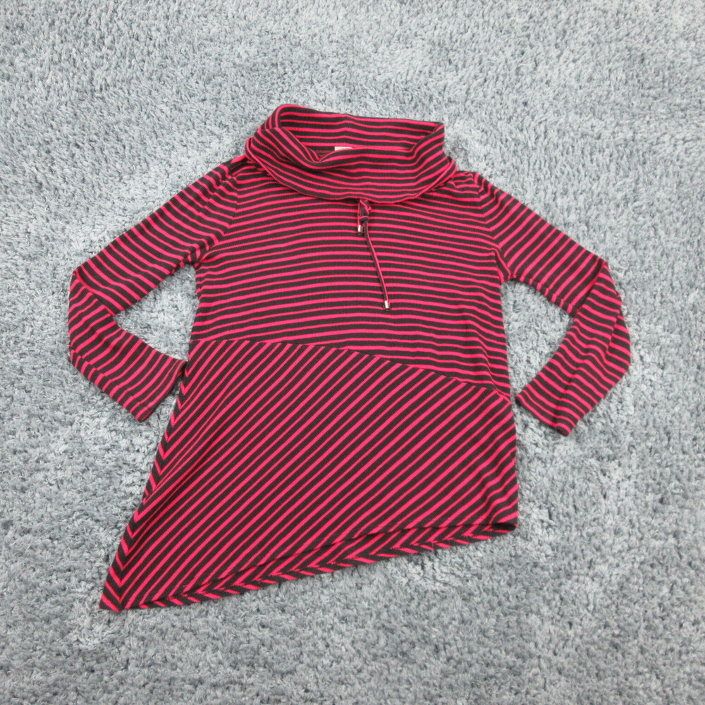 Chicos Shirt Womens 1 Red Black Striped Long Sleeve Zenergy Asymmetric Pullover